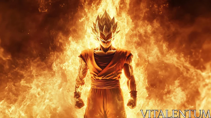 Fiery anime warrior ascending within blazing inferno.