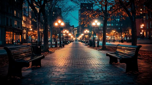 Twilight city promenade with glowing park lamps and benches.