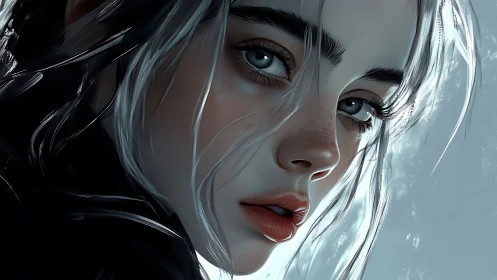 Close-up digital portrait of pensive young woman face.