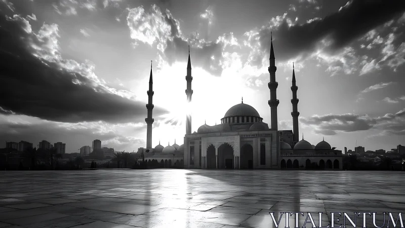 Silhouetted mosque and courtyard under dramatic sky.