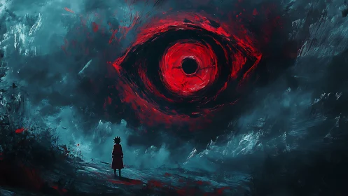 Solitary silhouette confronts vortex-like red eye in stormy void