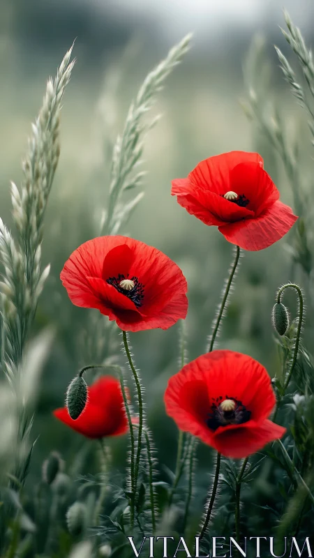 Vibrant Red Poppies Sway Among Soft Green Wheat