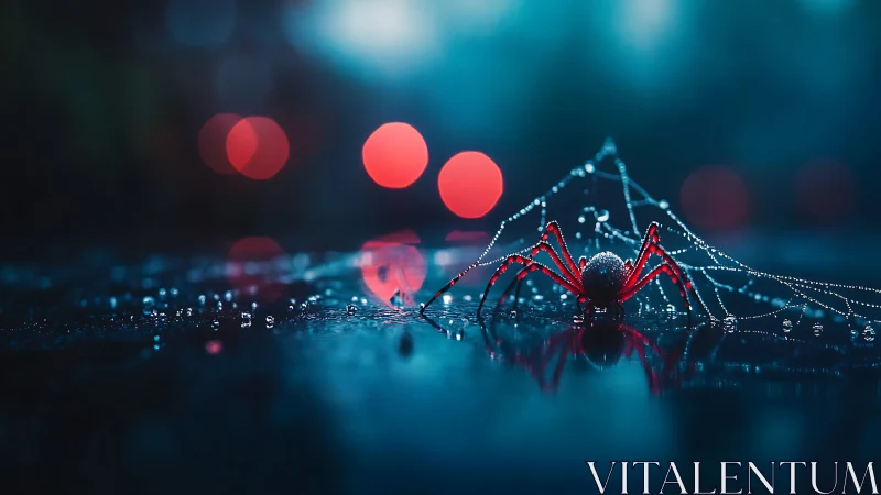 Macro low-angle render isolates red spider on wet dewy web surface