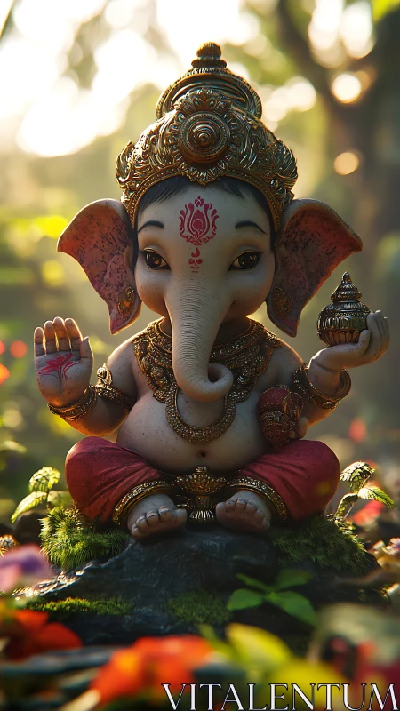Rendered baby Ganesha idol sits amid bokeh-lit garden tableau