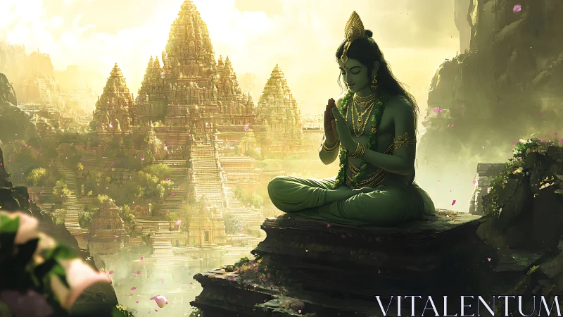 Seated green figure in meditation before layered stone temples.