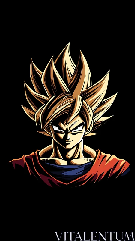 Stylized spiky-haired anime warrior bust on black ground.