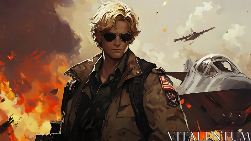 Aviator in kinetic blast zone with strike aircraft arrayed.