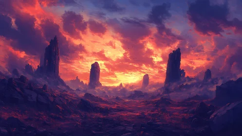 Fiery alien valley under towering basalt spires at dusk