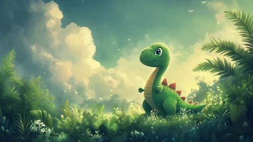 Cartoon dinosaur stands in lush, sunlit forest clearing