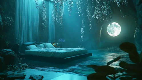 Moonlit floating bed within cavernous water chamber.