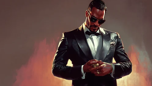 Tuxedoed figure in reflective lighting with cinematic contrast.