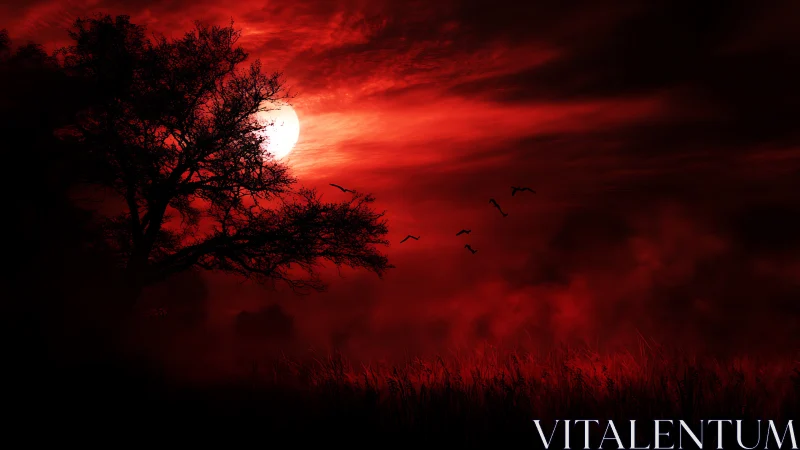 Red moon backlights silhouetted tree and distant flying birds