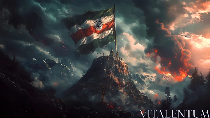 Volcanic stormscape with Indian tricolor flag on summit peak.