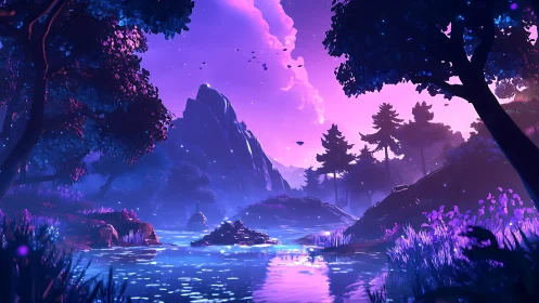 Mountain lake landscape glows under intense purple twilight