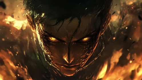 Intense fiery-eyed figure emerging from burning darkness.
