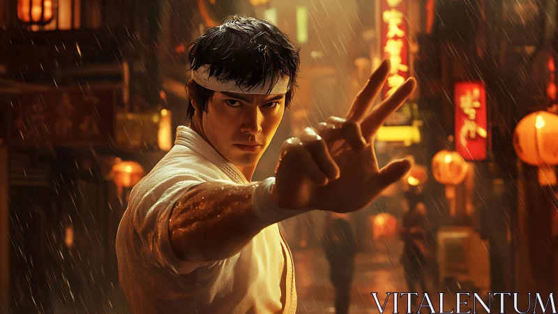 Martial artist executes focused stance in neon-lit rainy alley