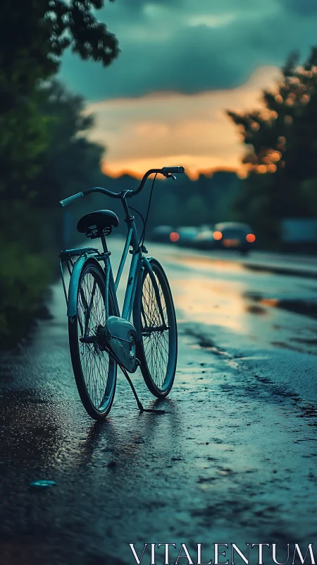 Bicycle positioned on wet asphalt at dusk.