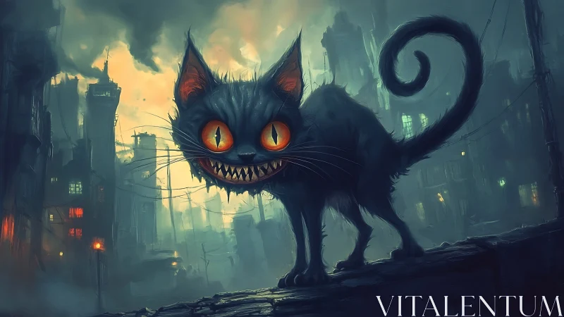 Sinister glowing eyed cat in dystopian cityscape at night.