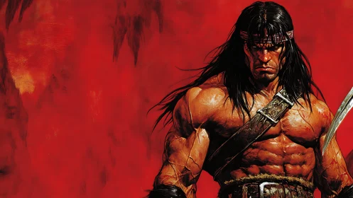 Barbarian warrior portrait emphasizes musculature against red field