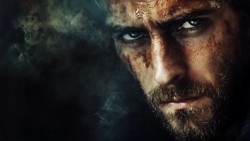 Storm-eyed survivor emerging from shadow and ember smoke.