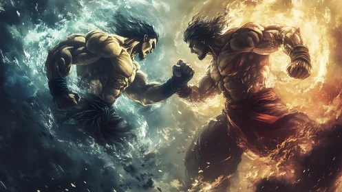 Elemental warriors locked in opposing fire and water duel.