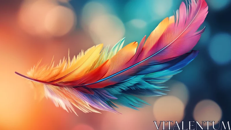 Multicolored feather against defocused gradient background.