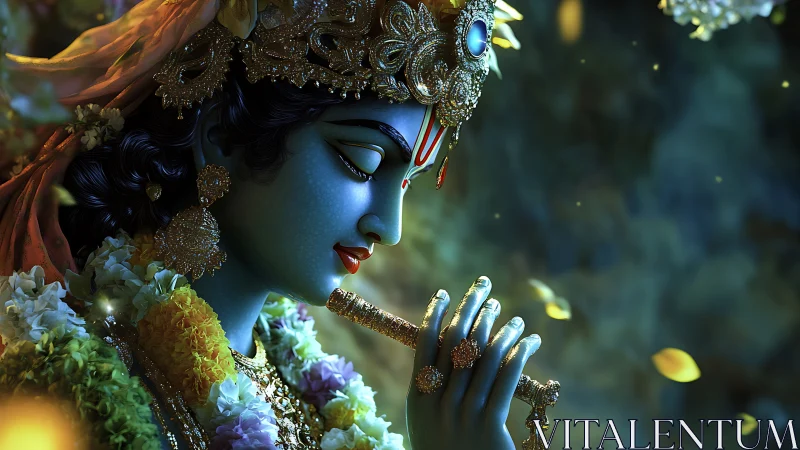 Divine blue figure plays flute amid golden blossoms and light