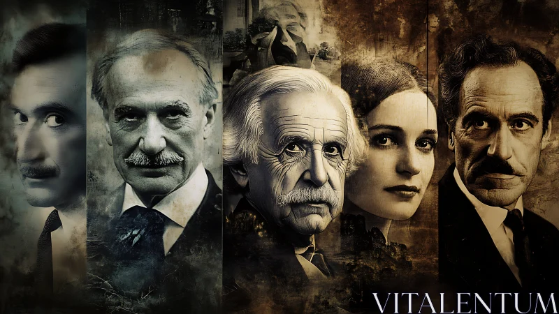 Portrait mosaic of intense vintage faces in muted tones.