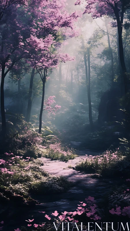 Forest stream with blooming trees and mist.