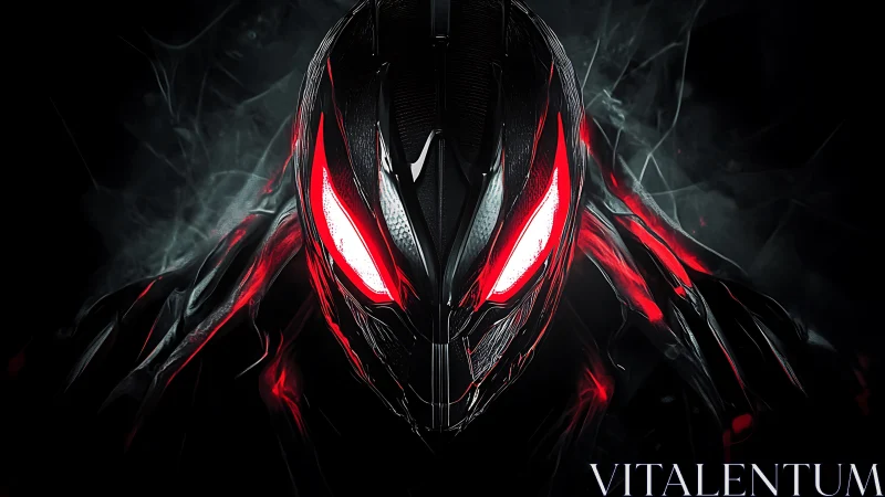 Cybernetic assassin helmet glows with molten red power.