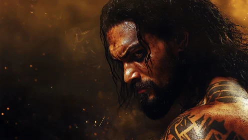 Warrior portrait intensifies through low-key lighting and sparks