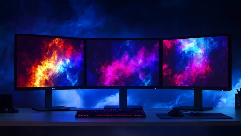 Triple monitor galaxy desk that turns work into stargazing.