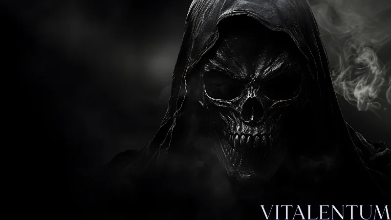 Grinning midnight reaper emerging from the breathing dark.