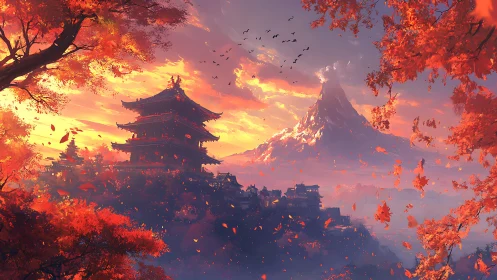Autumnal mountain temple skyline rendered in cinematic digital painting