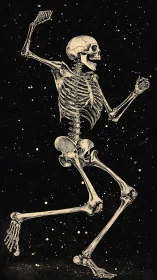 Skeletal figure in running pose against speckled dark field.