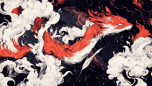 Red serpentine creature in swirling monochrome smoke forms.