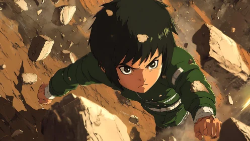 Anime youth in green suit ascending through rocky debris.