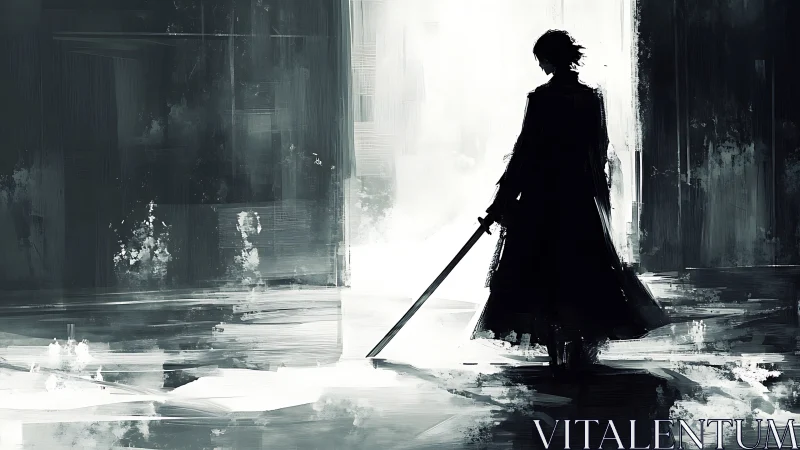 Monochrome swordsman silhouette in high-contrast digital painting.