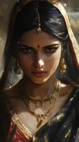 Regal Indian woman stares fiercely in ornate golden finery.
