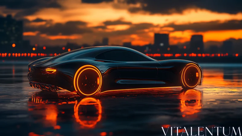 Futuristic neon city car glowing against a warm sunset.