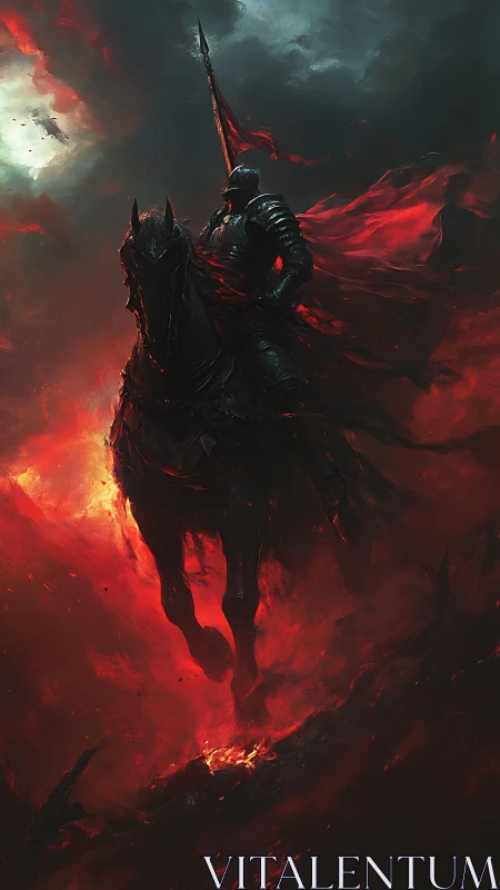 Armored war rider emerging through infernal crimson storm.
