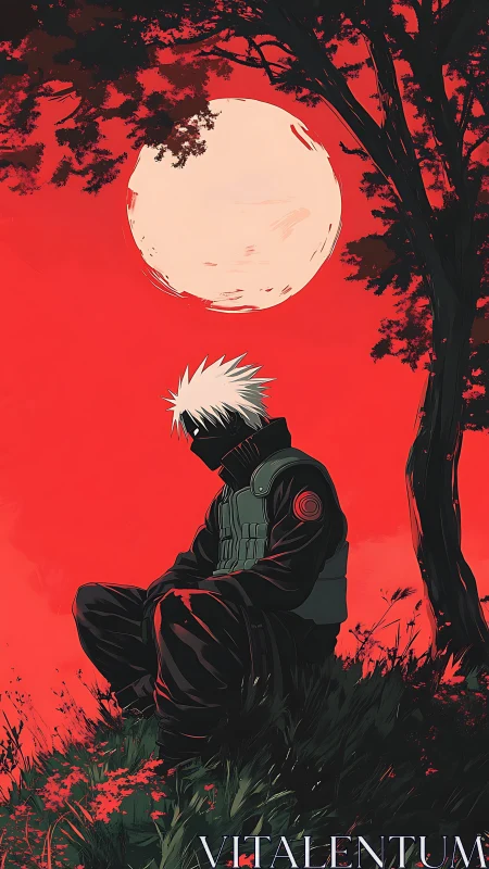 Solitary masked warrior under blood-red moonlight sky.