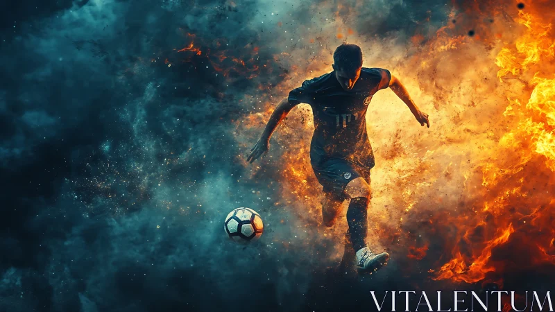 Digital soccer striker charging through fire and smoke.
