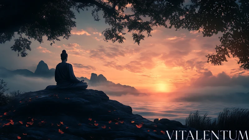 Digital painting of meditative lake sunrise under foliage canopy.