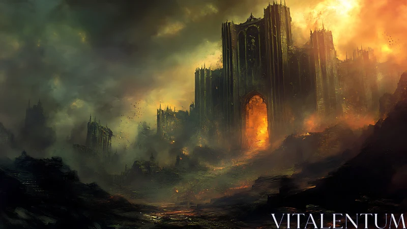 Infernal citadel dominates burning apocalyptic horizon.