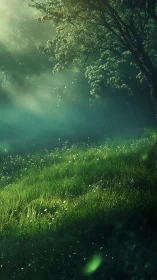 Sunlit forest clearing under gentle rain shower.