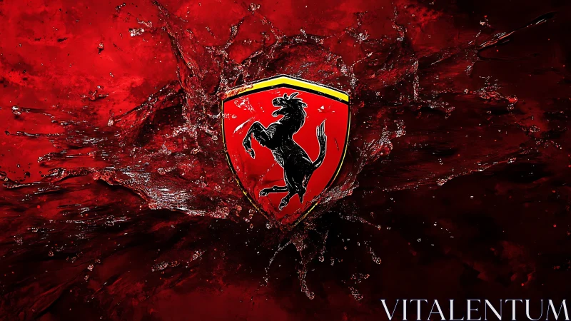 Ferrari-style shield logo centered in red liquid splash