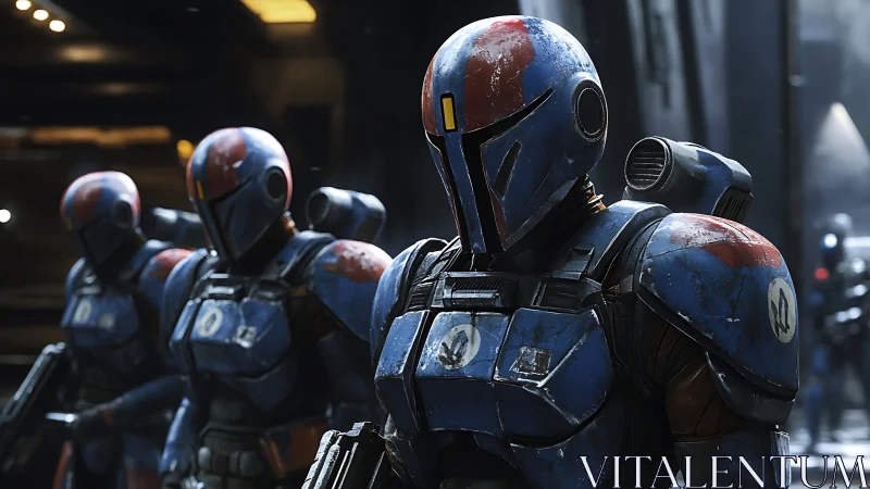 3D armored strike squad in tactical corridor environment.