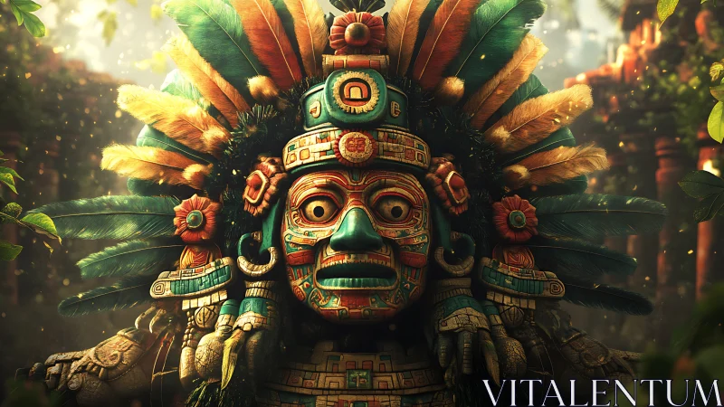 Mayan stone deity bust dominates lush jungle temple ruins