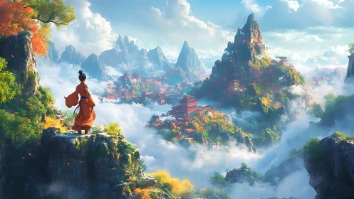 Solitary robed figure viewing terraced mountain city in clouds.